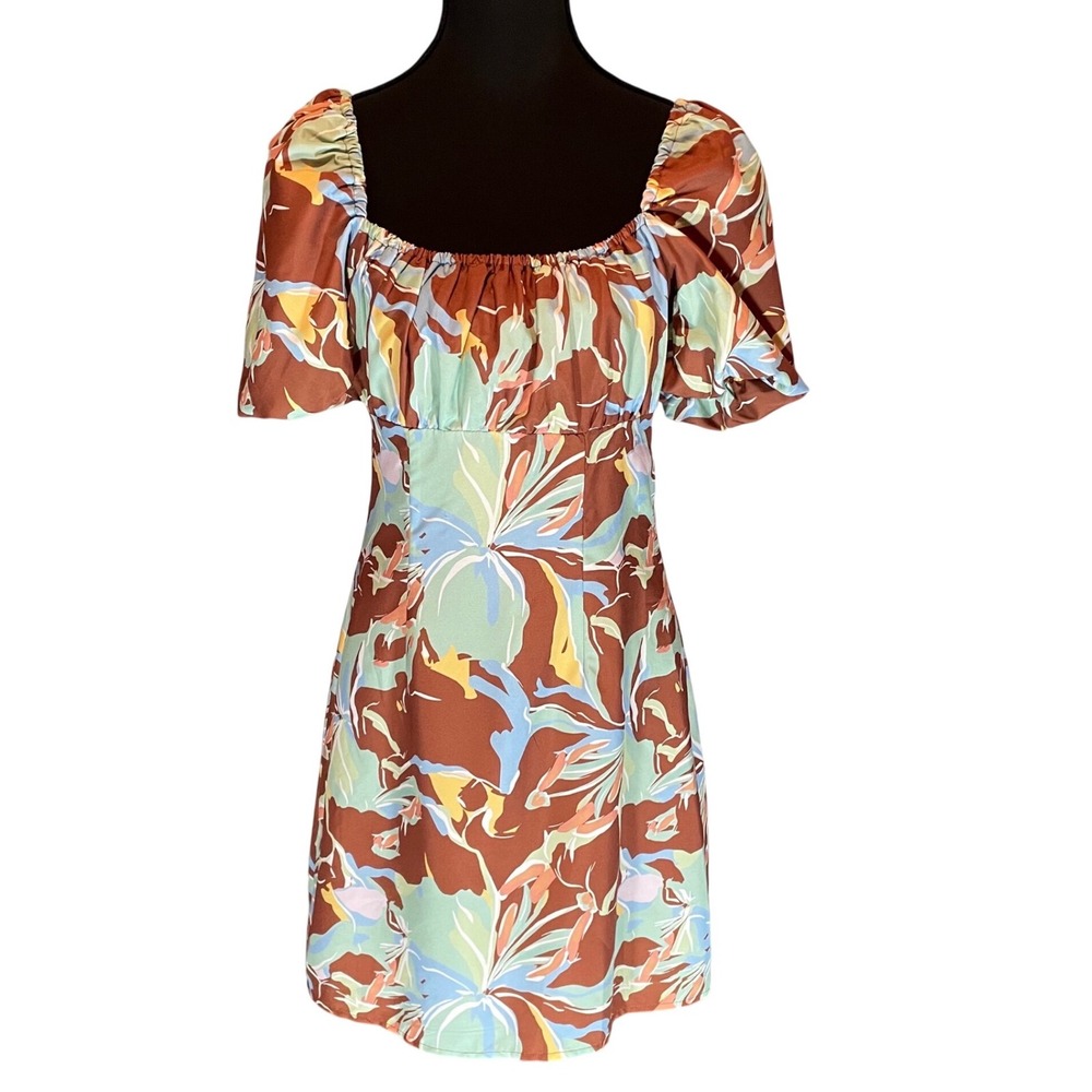 Tropical Floral‎ Puff Sleeve Tie Back Mini Dress Rust Green Sm Cottagecore Retro